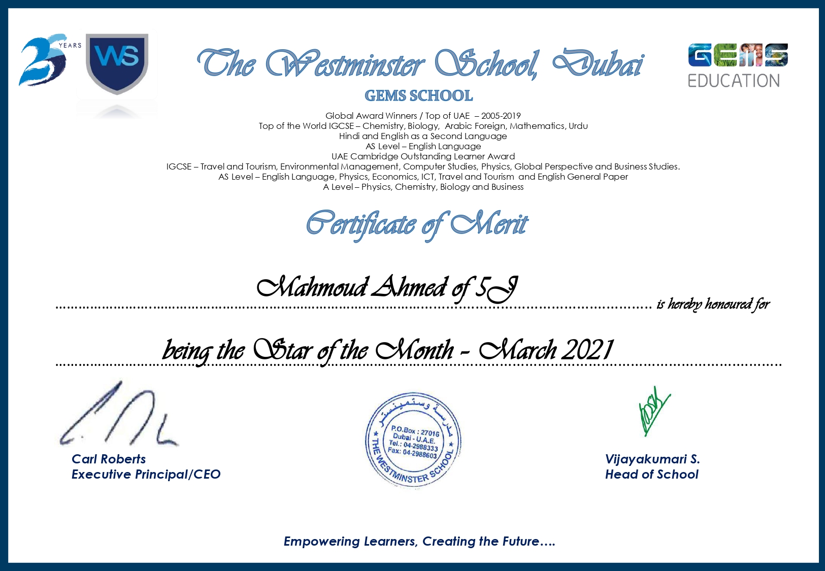 Star Student - March Year 5